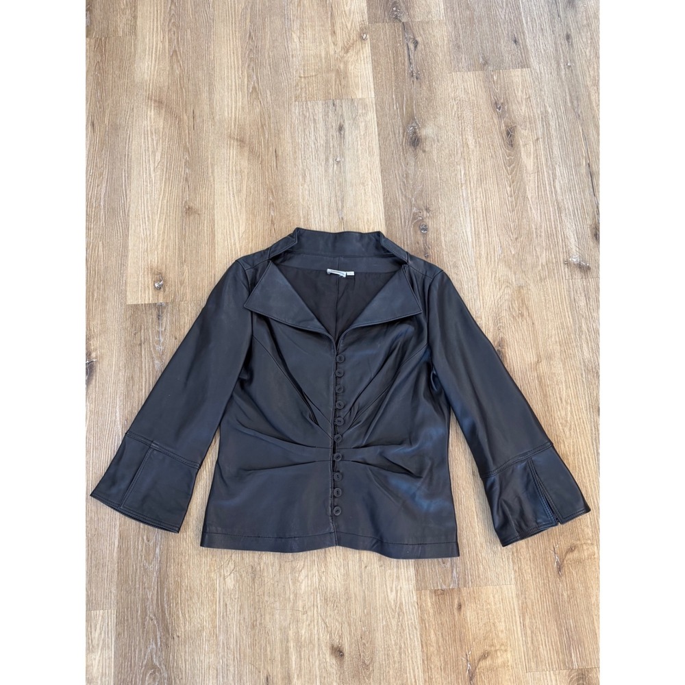 VTG 90s ELVIS Whimsygoth Y2K Ruched Front Button Up Leather Jacket Women L Black